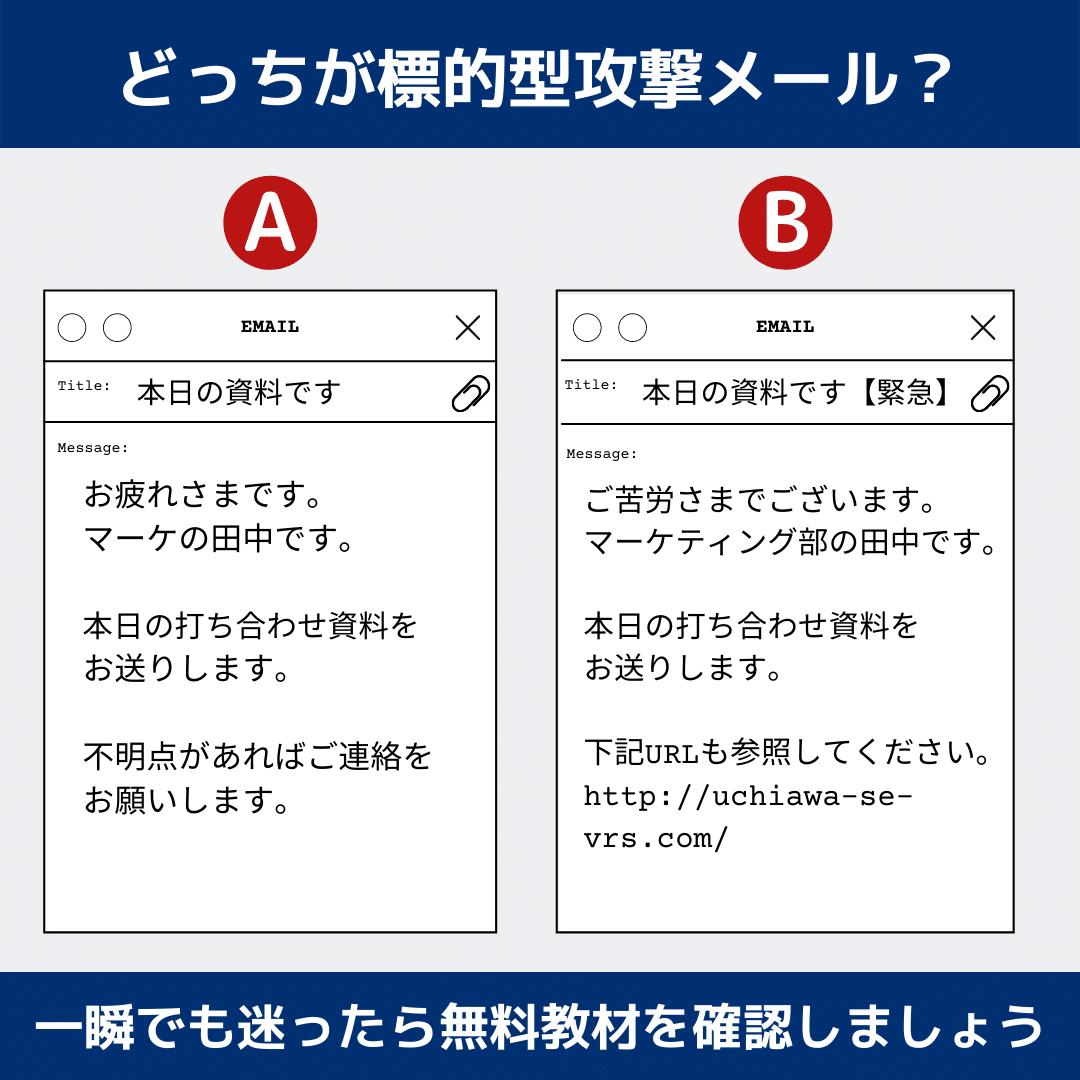 どっちが標的型攻撃メール？一瞬でも迷ったら無料教材を確認